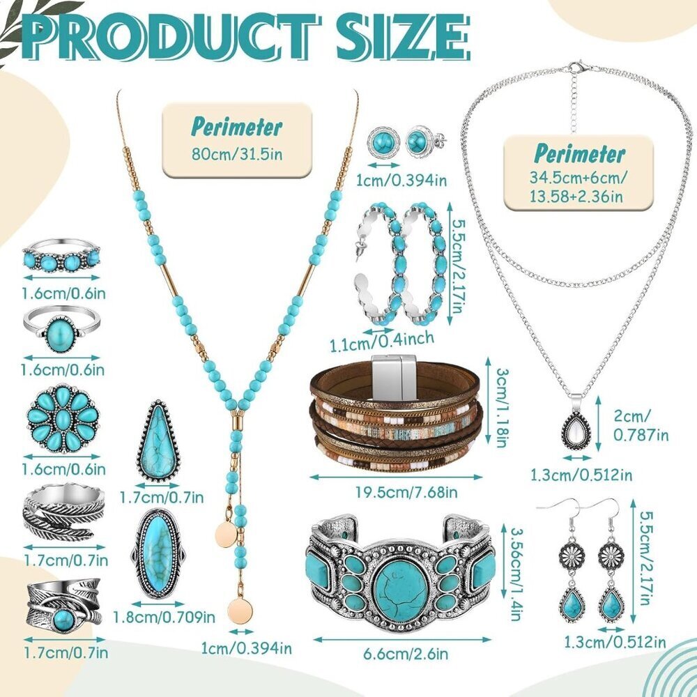 Trendy 15-Pcs Turquoise Jewelry Set - Includes Necklaces, Rings, and More - Picture 3 of 6